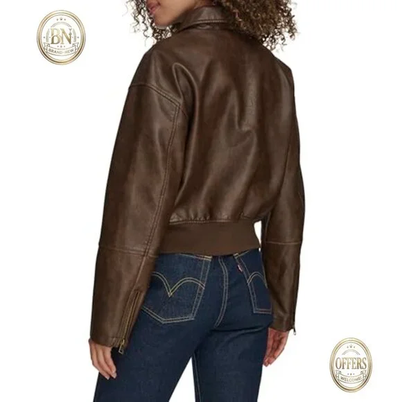 Faux Leather Bomber Jacket with Laydown Collar and Adjustable Cuffs